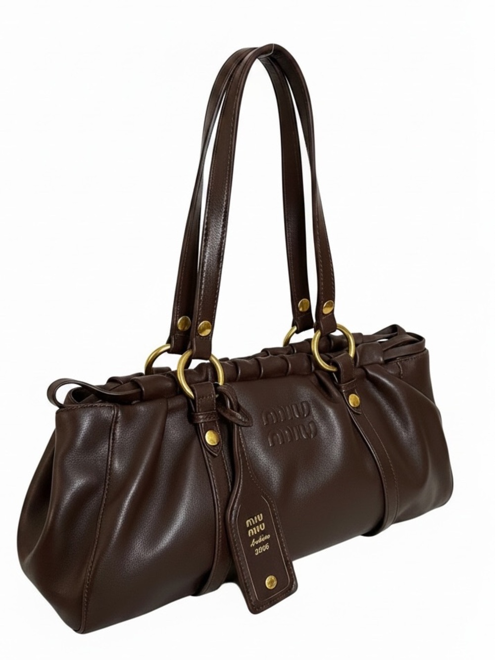 Miu Miu Dark Brown Leather Shoulder Bag with Green Charm - Picture 6 of 10